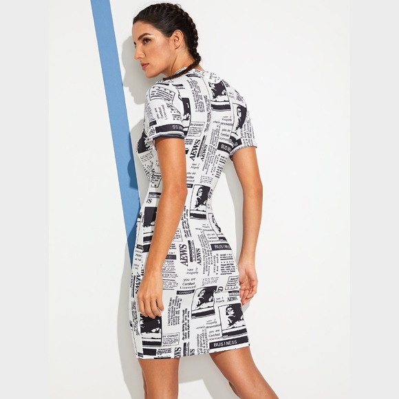 Newspaper Print Slim Mini Dress White and Black - Picture 4 of 8